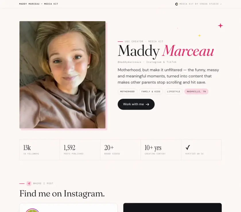 The top of Maddy Marceau’s media kit