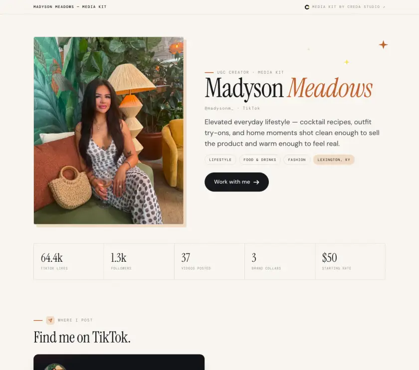 The top of Madyson Meadows’s media kit
